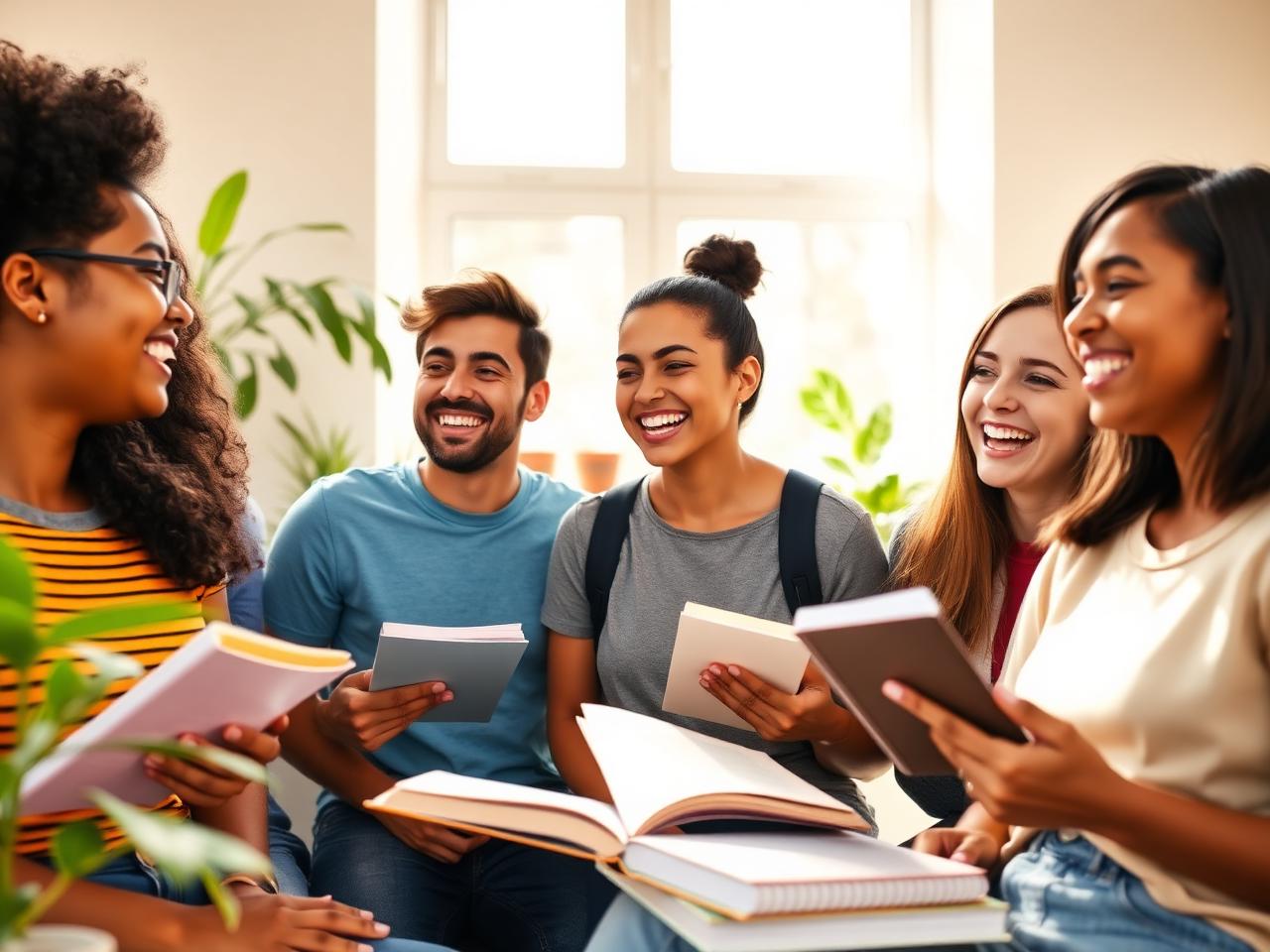 Friends laughing while studying English with books