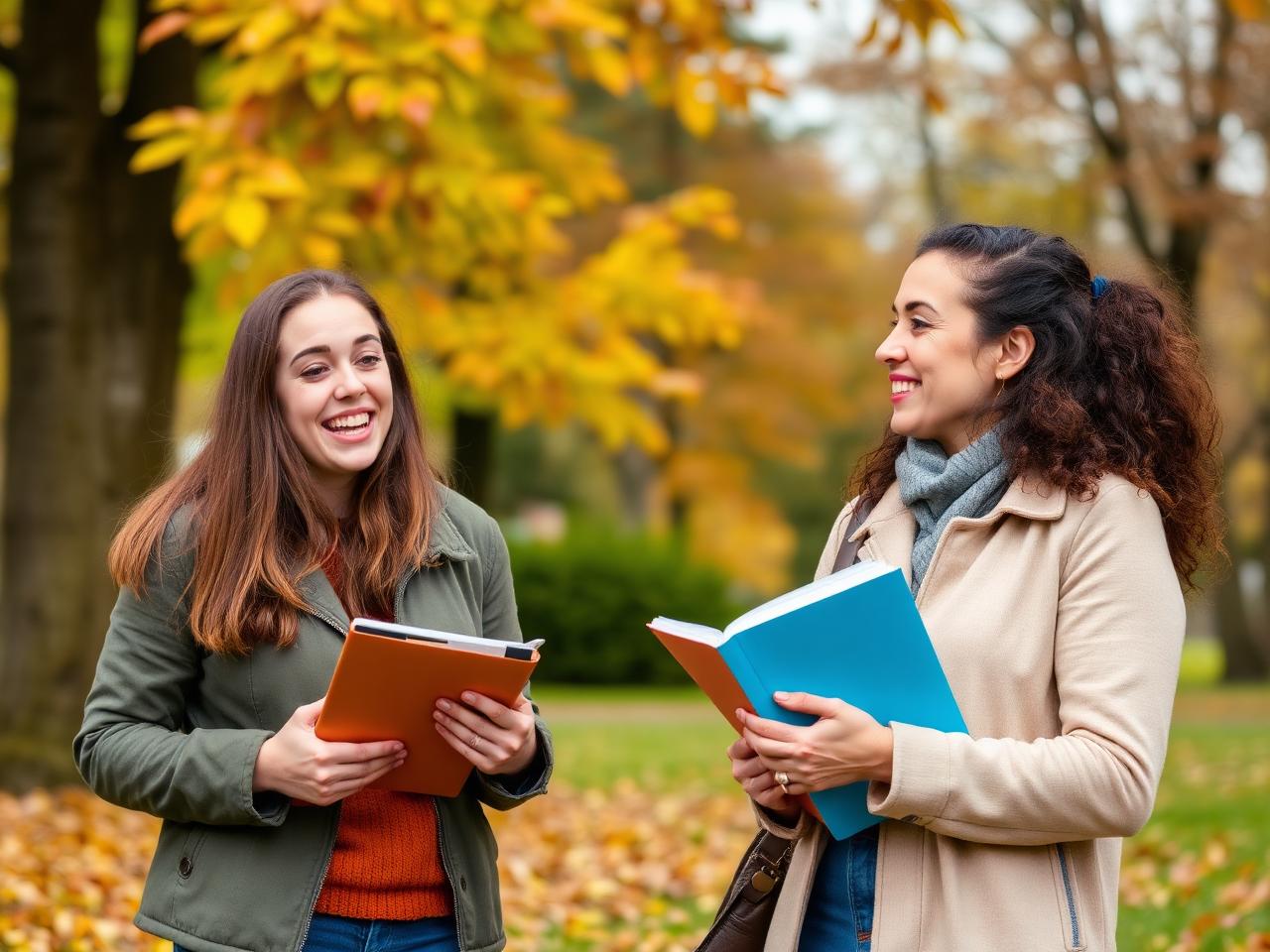 Two friends practicing English in an autumn park